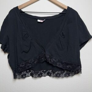 VTG y2k DEB Women Whimsigoth Lace Trim Crop Top Black Western Boho Grunge